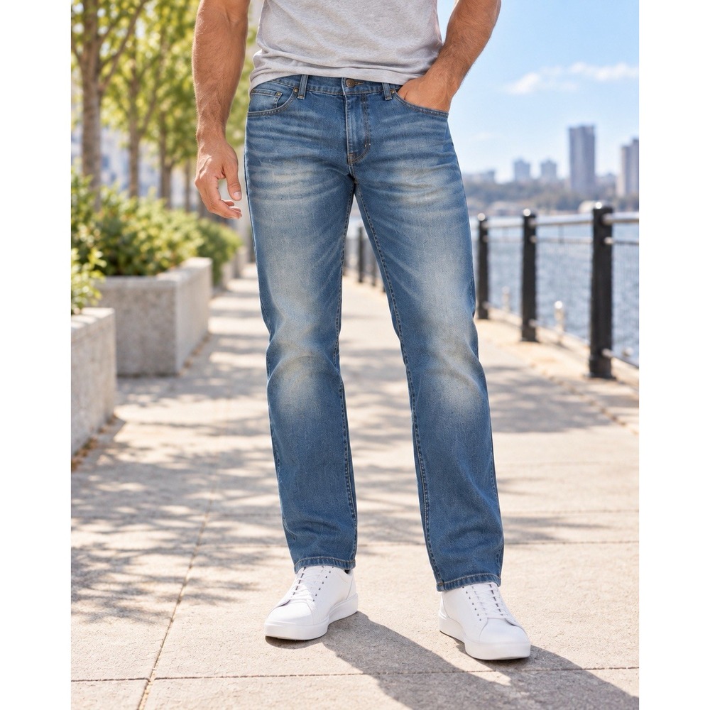 Smith & Mills Men's Jeans 36x30 Blue Stretch Denim Straight Leg Whiskered